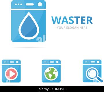 Set of laundry logo combination. Washing machine and oil symbol or icon. Unique washer and droplet logotype design template. Stock Vector