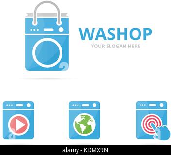 Set of laundry logo combination. Washing machine and shop symbol or icon. Unique washer and sale logotype design template. Stock Vector