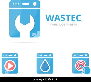 Set of laundry logo combination. Washing machine and repair symbol or icon. Unique washer and fix logotype design template. Stock Vector