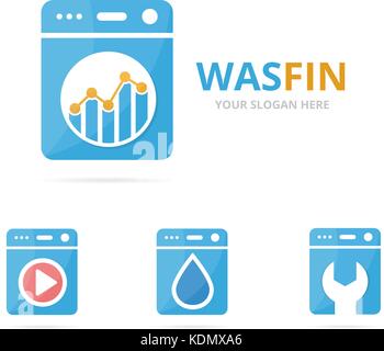 Set of laundry logo combination. Washing machine and finance symbol or icon. Unique washer and chart logotype design template. Stock Vector