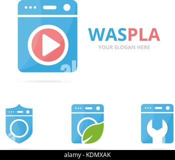 Set of laundry logo combination. Washing machine and record symbol or icon. Unique washer and audio, video logotype design template. Stock Vector