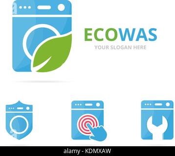 Set of laundry logo combination. Washing machine and eco symbol or icon. Unique washer and organic logotype design template. Stock Vector