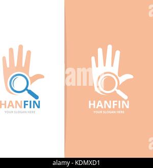 Vector of hand and loupe logo combination. Arm and magnifying symbol or icon. Unique support and search logotype design template. Stock Vector