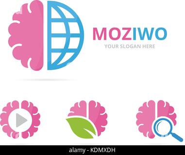 Set of brain logo combination. Education and planet symbol or icon. Unique science and earth logotype design template. Stock Vector