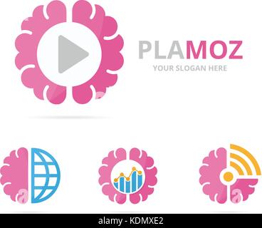Set of brain logo combination. Education and record symbol or icon. Unique science and audio, video logotype design template. Stock Vector