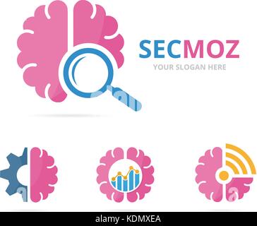 Set of brain logo combination. Education and magnifying symbol or icon. Unique science and search logotype design template. Stock Vector