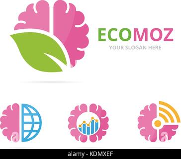 Set of brain logo combination. Education and eco symbol or icon. Unique science and organic logotype design template. Stock Vector