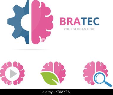 Set of brain logo combination. Education and mechanic symbol or icon. Unique science and industrial logotype design template. Stock Vector