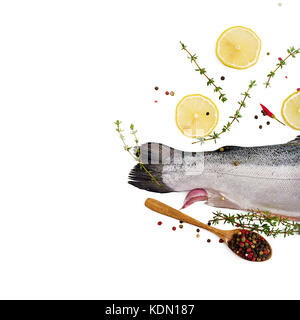 Fresh raw salmon red fish  isolated on a white background. Flat lay. Top view Stock Photo