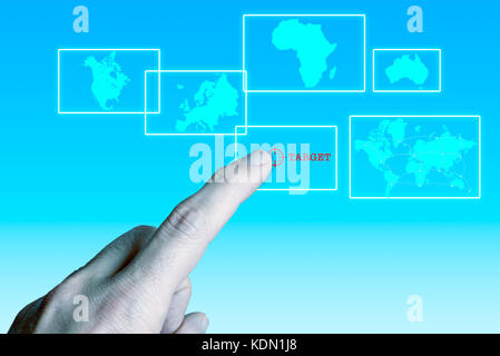 world and continents blu maps with a finger targeting Stock Photo