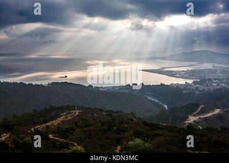 View of Ceuta from the Viewpoint of Isabel II.  Spanish town in africa under the sun rays on a cloudy foggy day Stock Photo