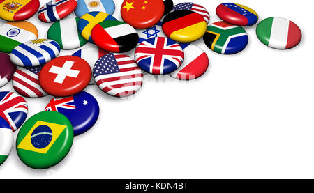 International world flags on buttons badges 3d illustration. Stock Photo