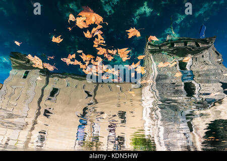 Dry leaves floating on the water reflecting an old scaligero castle on Lake Garda, Italy. Stock Photo