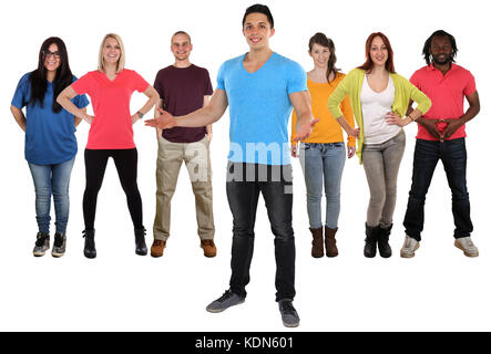 Young happy people friends welcome standing isolated on a white background Stock Photo