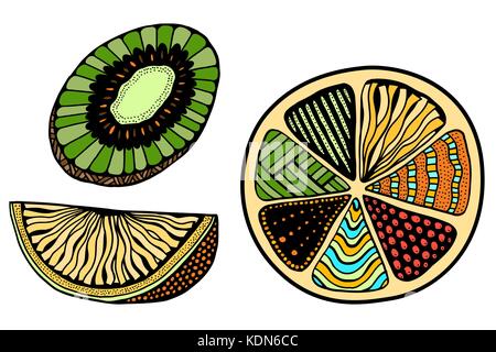 Set of colored orange, lemon, kiwi fruits on a white background. Hand-drawn, doodle, vector, design elements. Made by trace from sketch. Stock Vector