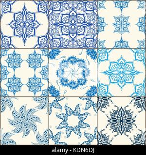 Indigo Blue Tiles Floor Ornament Collection. Gorgeous Seamless Patchwork Pattern from Colorful Traditional Painted Tin Glazed Ceramic Tilework Vintage Stock Vector