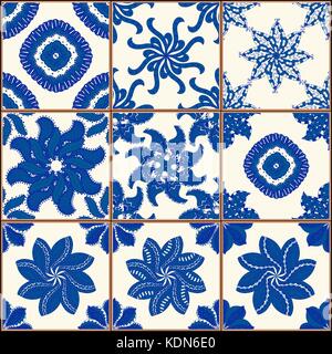 Indigo Blue Tiles Floor Ornament Collection. Gorgeous Seamless Patchwork Pattern from Colorful Traditional Painted Tin Glazed Ceramic Tilework Vintage Stock Vector