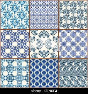 Indigo Blue Tiles Floor Ornament Collection. Gorgeous Seamless Patchwork Pattern from Colorful Traditional Painted Tin Glazed Ceramic Tilework Vintage Stock Vector