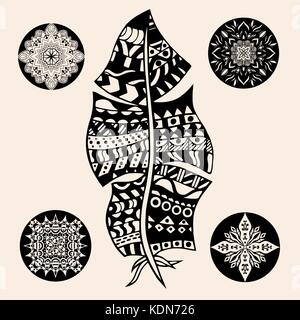 Artistically drawn, stylized, vector feather on a white background. Vintage tribal feather. Series of doodle feather. Hand drawn Doodle artwork. Black Stock Vector