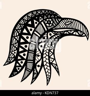 Hand Drawn head of eagle. Detailed illustration. Vector artwork. Black, beige color. Sketch for tattoo or indian makhenda design. Can be used for post Stock Vector