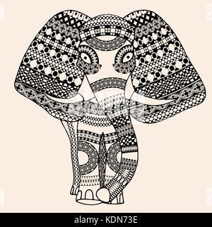 vector hand-drawn Henna mehndi tattoo doodle with decorated Indian Elephant Stock Vector