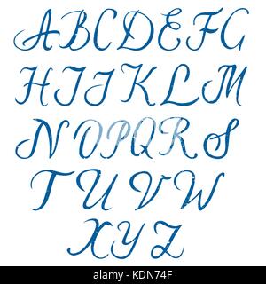 Hand drawn blue alphabet written with brush pen. Capital letters. Stock Vector