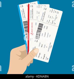 Several boarding passes tickets with QR2 code in hand. flat design, vector illustration Stock Vector
