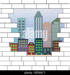 break in the brick wall with a view the city, vector illustration Stock Vector
