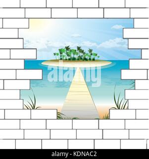 break in a brick wall with a beautiful ocean beach. Vector. Stock Vector