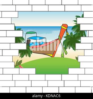break in the brick wall with a beautiful ocean  beach and Longtail boat, vector illustration Stock Vector
