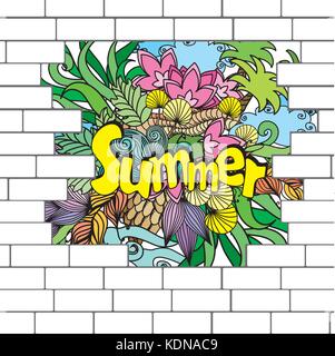 break in a brick wall with a summer background, vector illustration Stock Vector