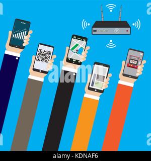 Mobile applications concept. Hand with phones and wifi router flat illustration Stock Vector