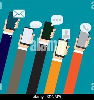Mobile applications concept. Hand with phones flat illustration Stock Vector