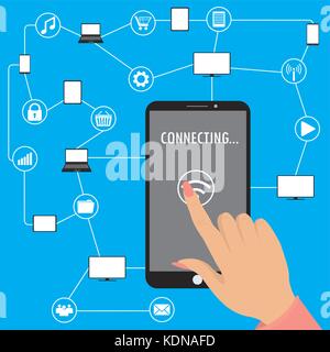 Hand holding smart phone and second hand touches the screen,Conceptual picture of connection between gadgets, icons, networks.Flat Vector illustration Stock Vector