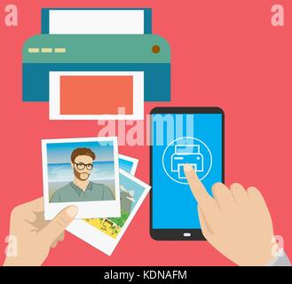 Pictures  in hand, finger presses on the print icon, printer and pictures ,flat design, vector Stock Vector