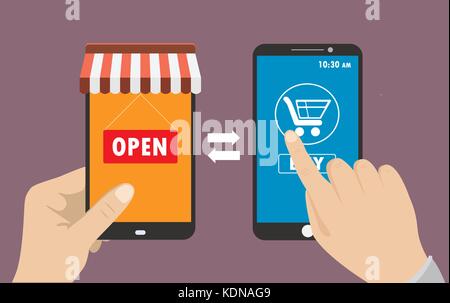 One hand holds a smartphone shop, the other hand touching blank screen with icon shopping,  e-commerce on the phone, flat design Stock Vector