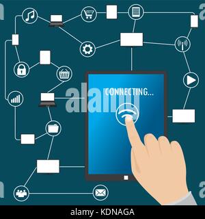 hand touches the screen tablet pc,Conceptual picture of connection between gadgets, icons, networks.Flat Vector illustration Stock Vector