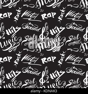 Hand drawn seamless pattern with music styles lettering signs, vector illustration Stock Vector