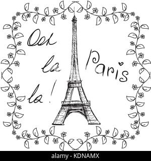 Tower Eiffel with lettering and floral frame. Vector illustration on white background Stock Vector