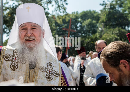 Portrait pf Metropolitan of Kamenets-Podolsky and Gorodok Theodore. Cross Procession from Kamianets-Podilsky to the Holy Dormition Pochaev Lavra, August 19 - 25, 2017, Ukraine. For more than 150 years the procession gathered thousands of pilgrims who would cross the path of 210 kilometers during 7 days. Over 20 thousand believers took part in the event this year. Stock Photo
