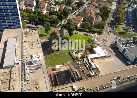 Creteil, France, French Public Hospital, Henri Mondor, Outisde Building, Aerial View, suburban neighborhood Stock Photo