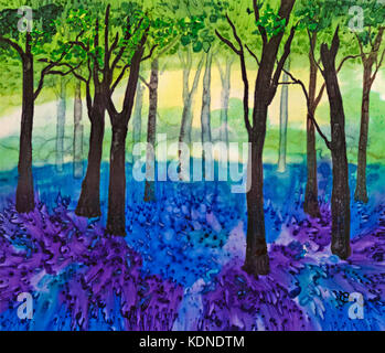 Photograph of silk painting of showing streaky carpet of blue and purple bluebell flowers in backlit woods using steam fixed dyes by Paula Chapman. Stock Photo