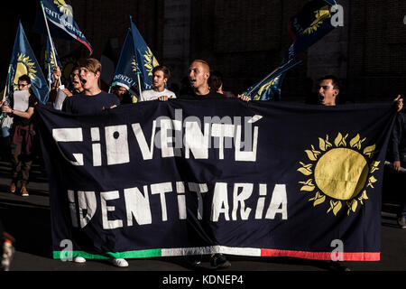 Rome, Italy. 14th Oct, 2017. National Movement for Sovereignity, an Italian national-conservative political party, held a demonstration to protest against the invasion of immigrants and to defend the Italian work in Rome, Italy on October 14, 2017. Credit: Giuseppe Ciccia/Pacific Press/Alamy Live News Stock Photo