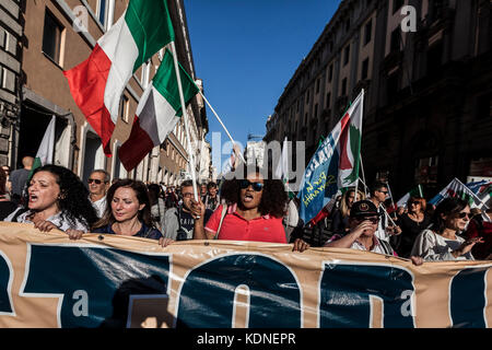 Rome, Italy. 14th Oct, 2017. National Movement for Sovereignity, an Italian national-conservative political party, held a demonstration to protest against the invasion of immigrants and to defend the Italian work in Rome, Italy on October 14, 2017. Credit: Giuseppe Ciccia/Pacific Press/Alamy Live News Stock Photo