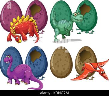 Dinosaurs hatching eggs on white background illustration Stock Vector