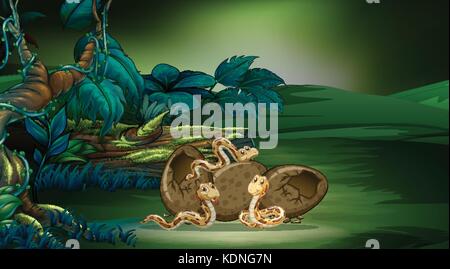 Forest scene with three snakes hatching eggs illustration Stock Vector