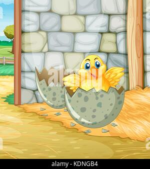Little chick hatching egg in barn illustration Stock Vector