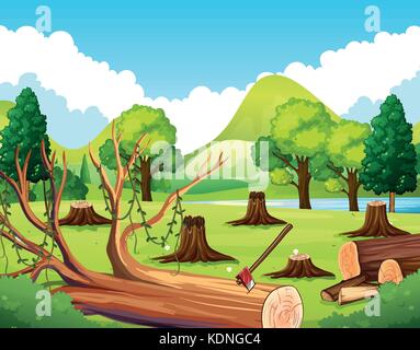 Deforestation scene with lumber chopping trees illustration Stock ...