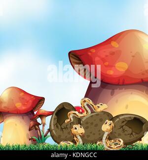 Garden scene with three snakes and mushrooms illustration Stock Vector