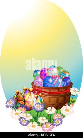 Background template with easter eggs in basket illustration Stock Vector